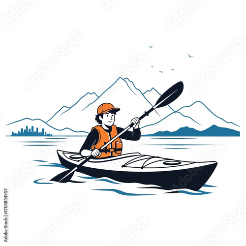 Person kayaking on a lake with mountains in the background, wearing a life vest and hat.