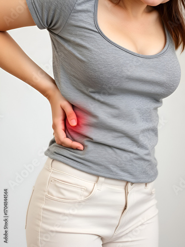 Abdominal pain in young woman with stomachache illness, menstruation cramps, stomach cancer, irritable bowel syndrome, pelvic discomfort, Indigestion, Diarrhea or GERD gastro-esophageal reflux disease