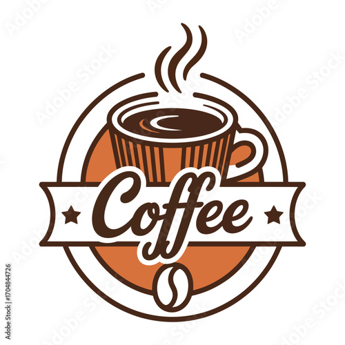 Vintage coffee emblem with steaming cup and coffee bean emblematic design