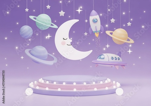 3d kid background. Galaxy space podium, rocket planet and toy spaceship as star children products promo presentation, birthday room. Cute cartoon childish banner backdrop. Vector showcase