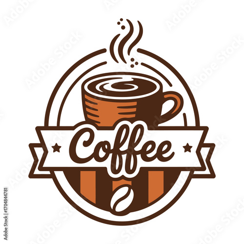 Retro coffee shop emblem with steaming cup and coffee bean design