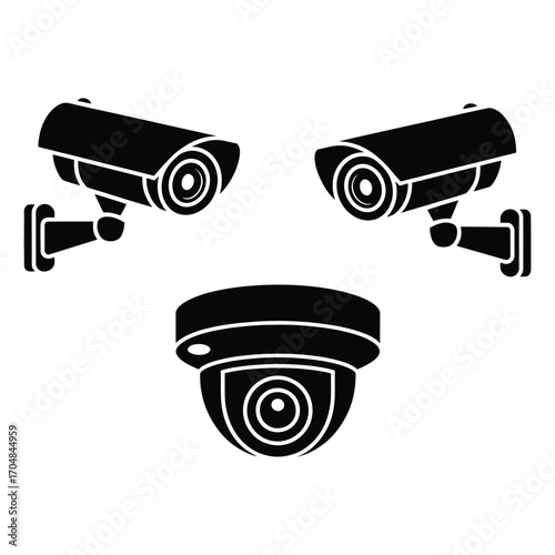 Three silhouette security cameras mounted on walls for surveillance and protection