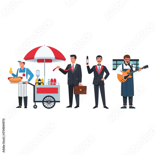 Diverse characters depicted in a flat design, including a hot dog vendor, businessmen, and a musician, showcasing various lifestyles.