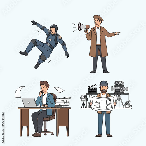 Filmmaking crew members at work: stuntman falling, director shouting, screenwriter writing, and cameraman planning.