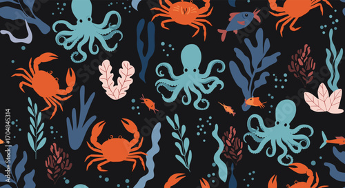 A vibrant underwater scene featuring octopuses crabs fish and seaweed in a playful pattern.
