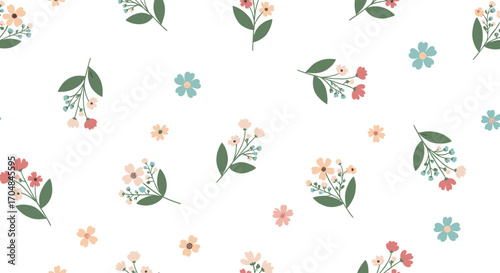 A whimsical pattern of small wildflowers scattered across a white background.