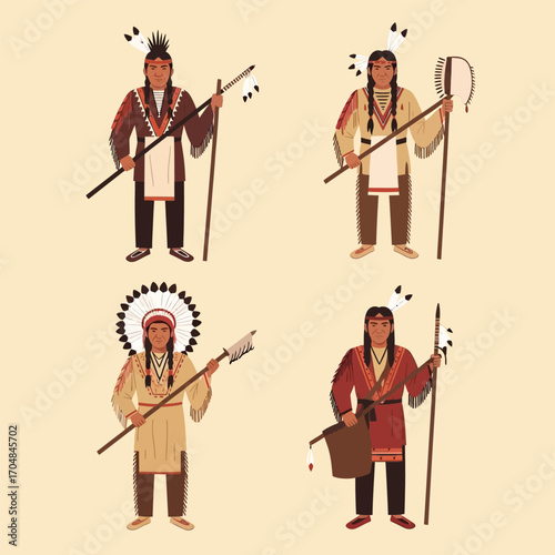 Four Native American men depicted in traditional attire, each holding distinct cultural tools and wearing unique headdresses.