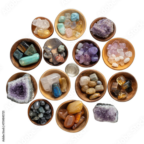 Circular arrangement of small wooden bowls filled with various gemstones and crystals