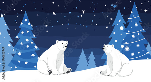 Two polar bears are sitting in the snow surrounded by pine trees during a starry night.
