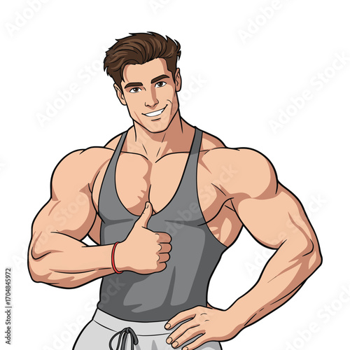 Friendly and muscular man in a grey tank top giving a thumbs up, a positive and encouraging fitness character. vector illustration