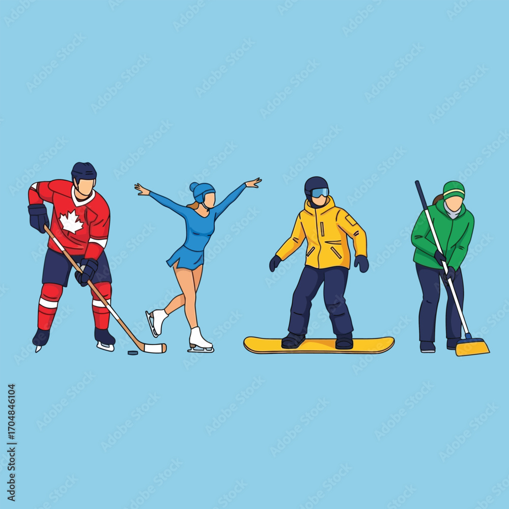 Obraz premium Four illustrated figures engaging in winter sports and activities against a blue background.
