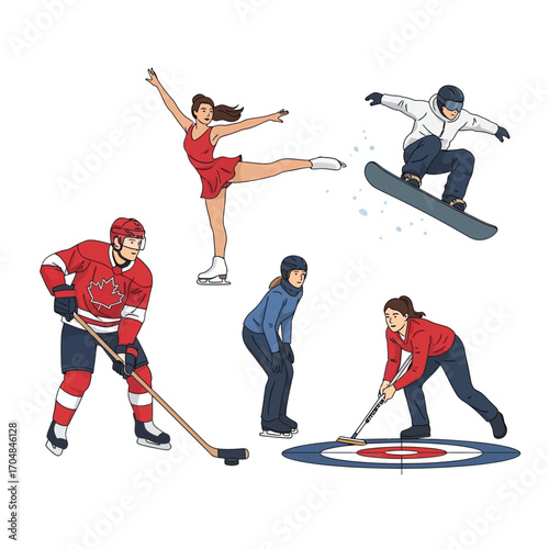 A collection of illustrations depicting various winter sports activities with athletes in action.