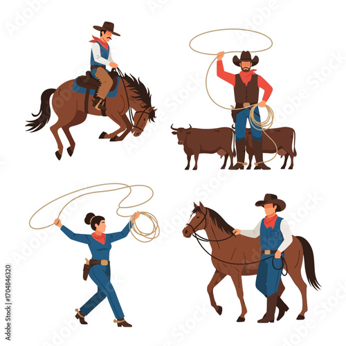 Four illustrations of cowboys and cowgirls with horses and cattle, performing various ranch activities with ropes.