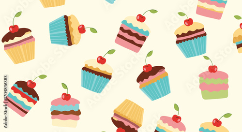 A delightful arrangement of colorful frosted cupcakes adorned with cherries makes for a sweet and whimsical pattern.
