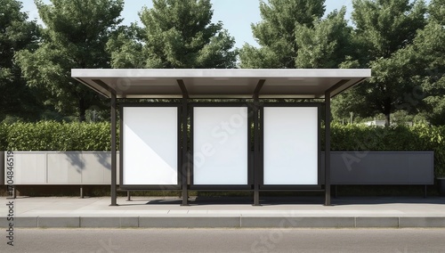 Bus station mockup with 3 empty spaces. Night or dusk time, 3d rendered realistic illustration