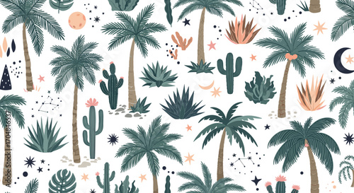 A charming pixel art pattern featuring a variety of desert plants and palm trees under a twilight sky.