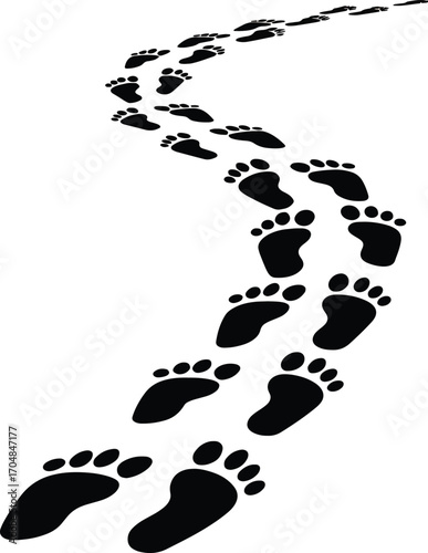 Black footprints trail winding path following footsteps left behind tracking journey progression