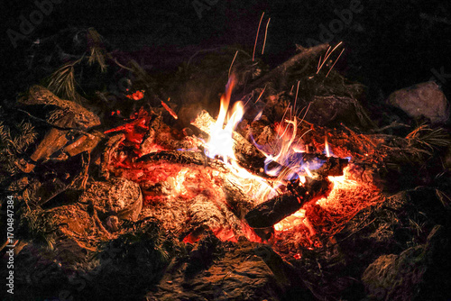 A glowing campfire captured in the heart of a dark forest at night. Burning logs and glowing embers radiate warmth and light, with visible sparks and flames dancing in the air.