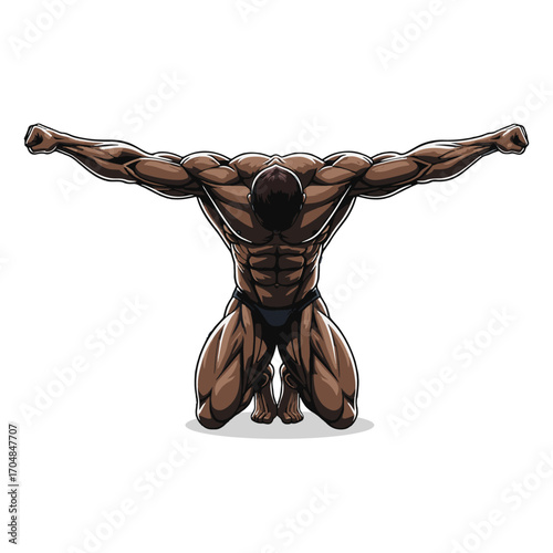 A powerful bodybuilder kneeling on the floor, arching back and flexing to showcase an incredibly muscular physique. vector illustration