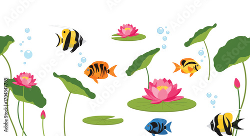 A vibrant underwater scene with colorful fish swimming among blooming lotus flowers and lily pads.
