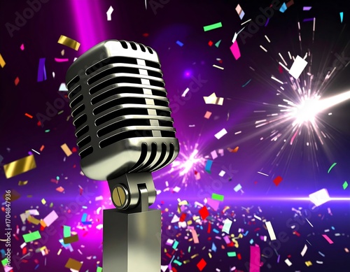 Retro microphone amidst colorful confetti and light streaks