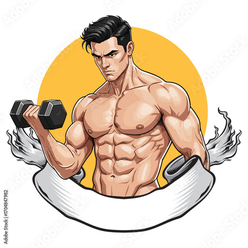 A handsome and muscular man lifting a dumbbell, framed by a blank ribbon for a customizable gym or fitness logo. vector illustration