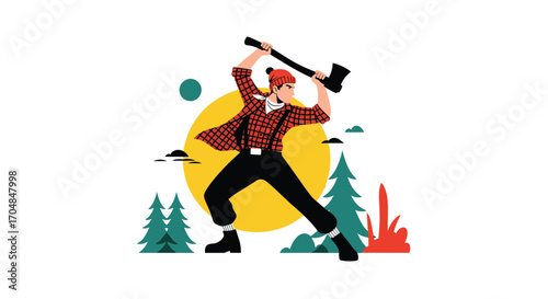 Woodsman vigorously swings a large axe in a forest setting during daytime.