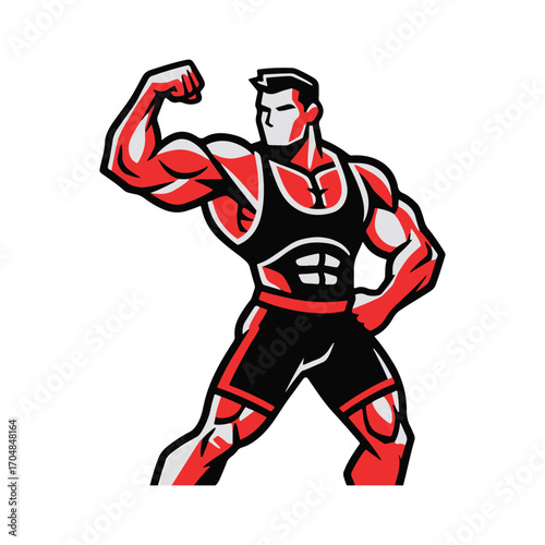 A powerful and heroic fitness mascot in a red and black suit, flexing his bicep to show off his super strength. vector illustration