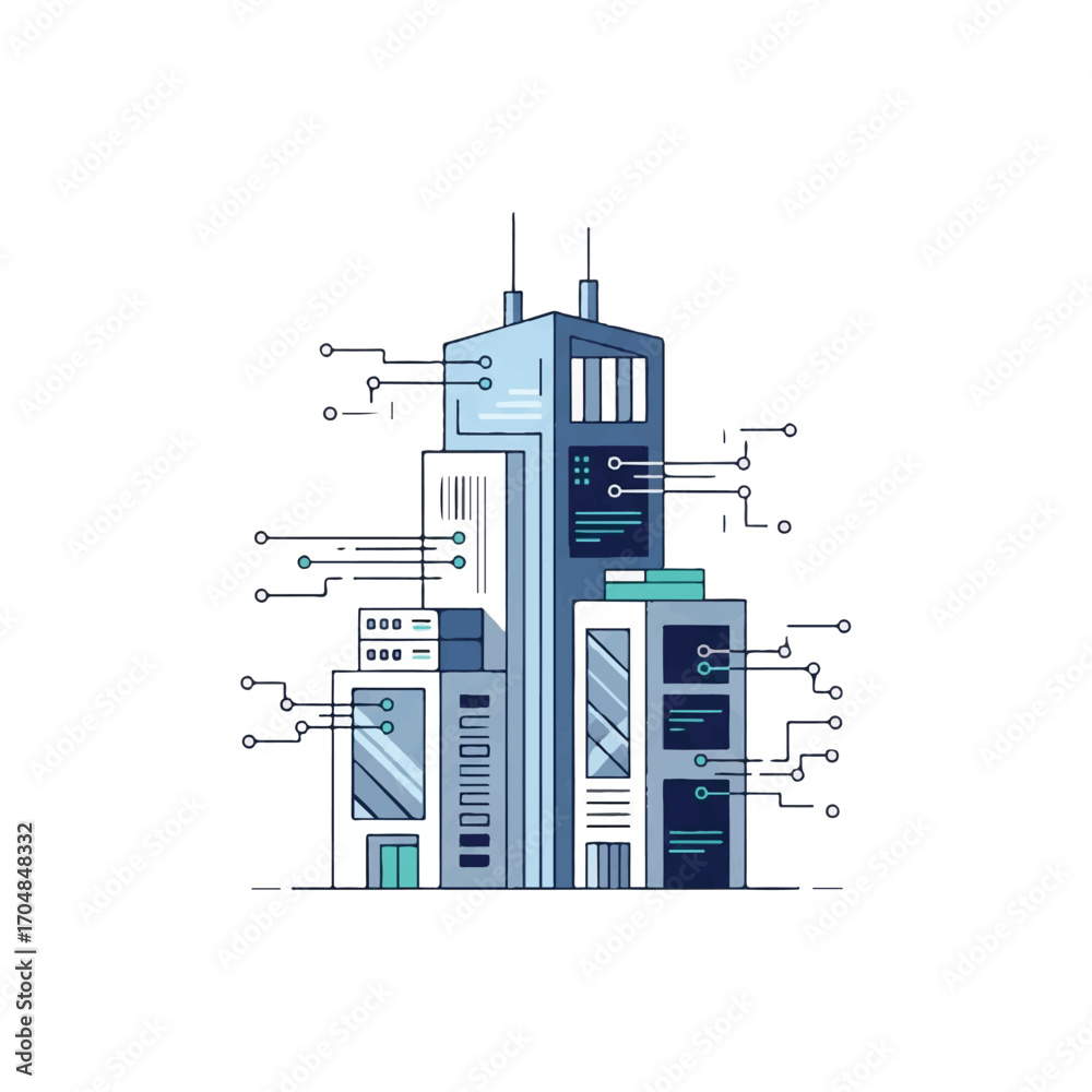 Obraz premium Illustration of a futuristic sustainable smart city building with circuit-like connections on a white background, conveying a modern and innovative mood.