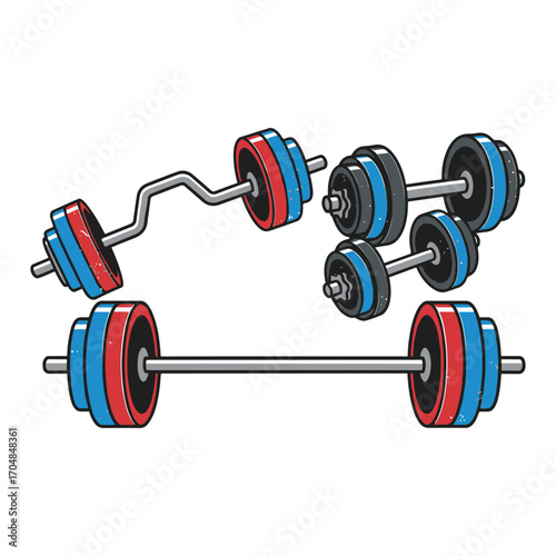 A complete set of weightlifting equipment, including a straight bar, curl bar, and multiple dumbbells in blue and red. vector illustration