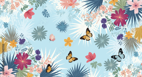 A delightful garden scene filled with colorful flowers and fluttering butterflies.