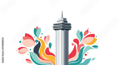 A tall skyscraper stands surrounded by colorful floral decorations and flowing artistic elements.