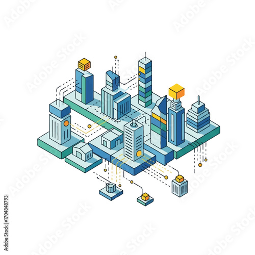 Isometric illustration of a sustainable smart city with modern buildings, green spaces, and advanced infrastructure on a clean white background, conveying innovation and eco-friendliness.