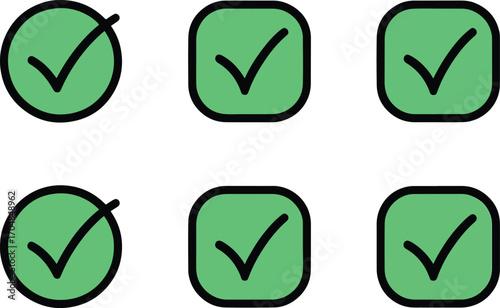 Collection of green checkmark icons in circles and squares for confirmation and approval