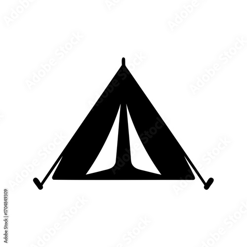 Black tent icon on white background emphasizing outdoor camping adventures