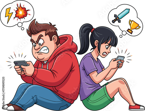 Angry boy and girl playing video games on their phones back to back
