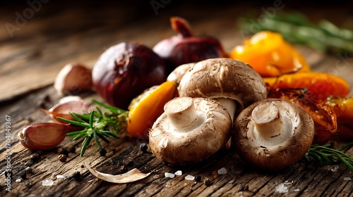 Champignon mushroom caps with vegetables on rustic wooden table