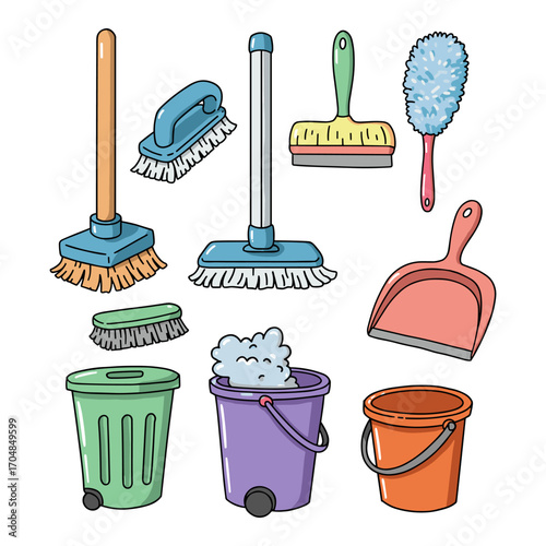 Cleaning supplies arranged on a white background