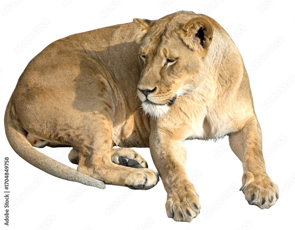 Obraz premium Resting Lioness, Top-Down Angle, Peaceful Pose, Isolated