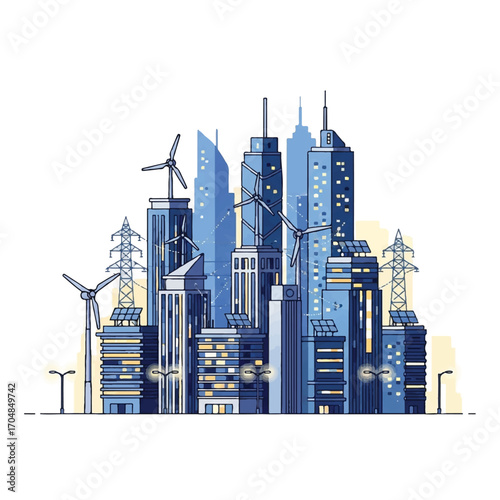 Illustration of a sustainable smart city with modern skyscrapers, wind turbines, and streetlights in shades of blue and yellow on a white background.