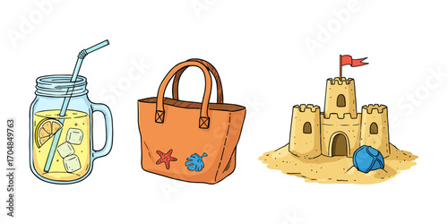 Depicts iconic summer images in a cartoon style