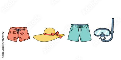 Summer essentials featuring beachwear and snorkel