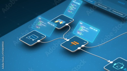 Closeup AI agent workflow with code input and automation process for machine learning system interface, looped animation