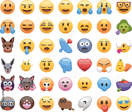 Diverse emoji collection grid many expressions and symbols isolated clean background for digital use