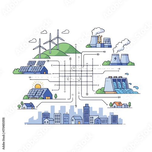 Illustration of a sustainable smart city with renewable energy sources like wind turbines and solar panels connected to homes and industries through a network of lines, showcasing