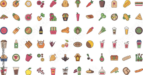 diverse food and drink icons set Collection representing various culinary items