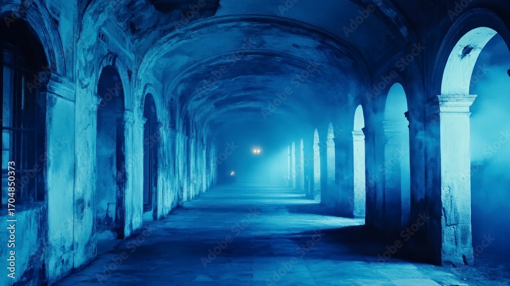 Fototapeta premium Abandoned, arched hallway, mystical blue light