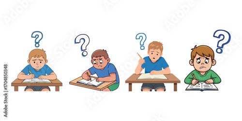 Cartoon boys ponder problems with homework tasks.