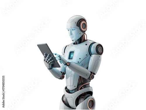 Plakat w ramie Modern robot using a tablet isolated on transparent background, artificial intelligence