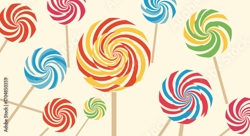 A vibrant assortment of colorful swirled lollipops on light background for a festive occasion.